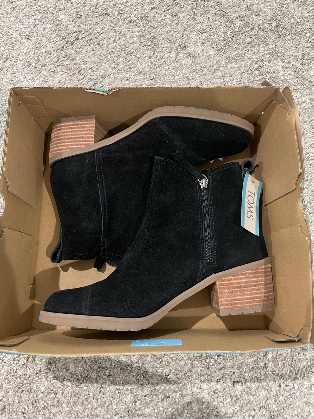 TOMS Black Suede Ankle Booties with Stacked Wood Heel